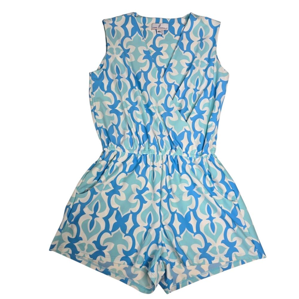 Jude Connally Romper Women XS Blue White Geometric Print Sleeveless Excellent